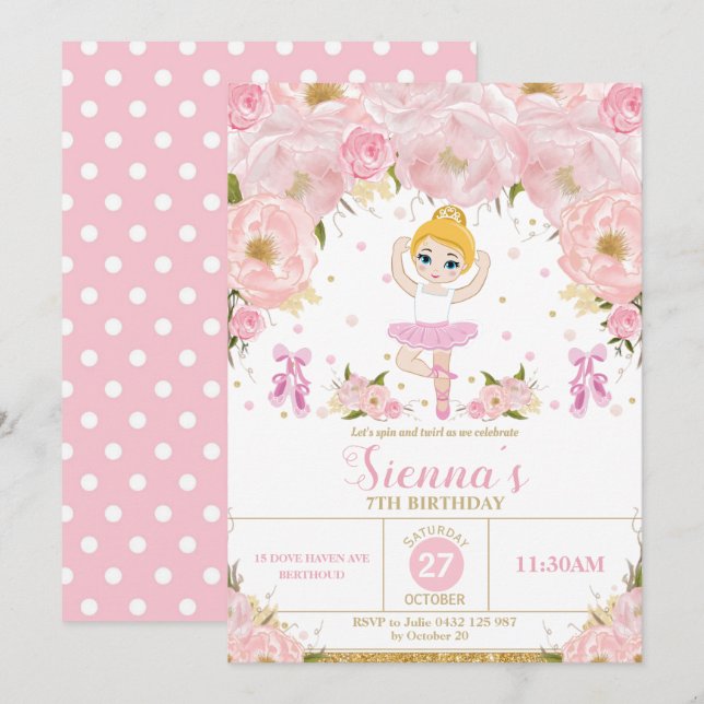 Pink Floral Ballerina Birthday Tutu Ballet Dance Invitation (Front/Back)