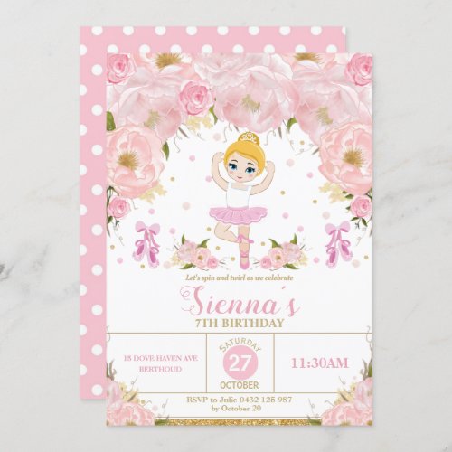 Pink Floral Ballerina Birthday Tutu Ballet Dance Invitation