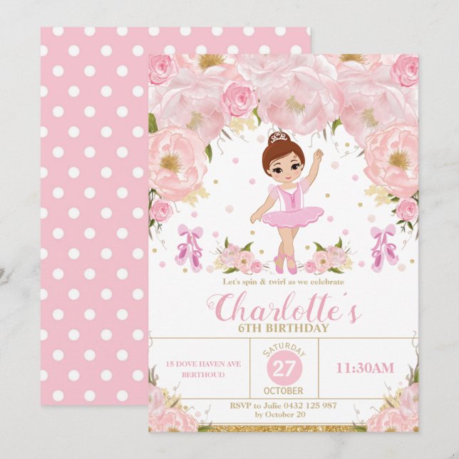 Pink Floral Ballerina Birthday Tutu Ballet Dance Invitation (Front/Back)