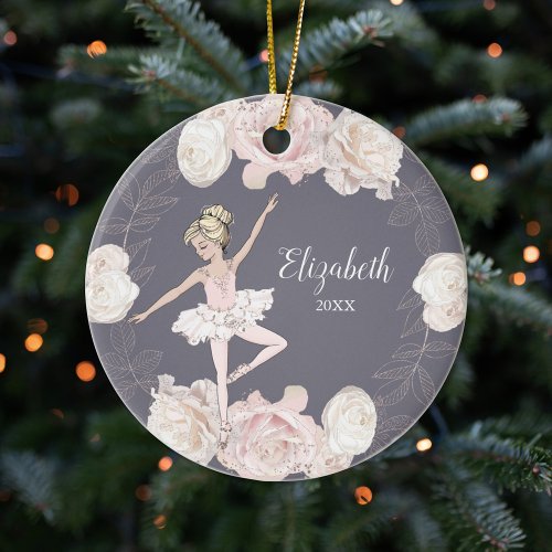 Pink Floral Ballerina Blond Girl Personalized Ceramic Ornament