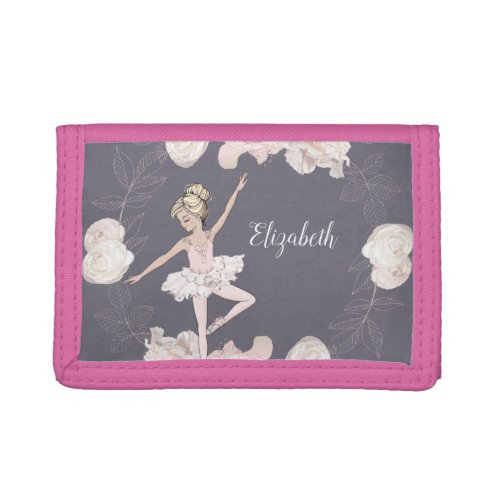 Pink Floral Ballerina Blonde Girl Personalized Trifold Wallet