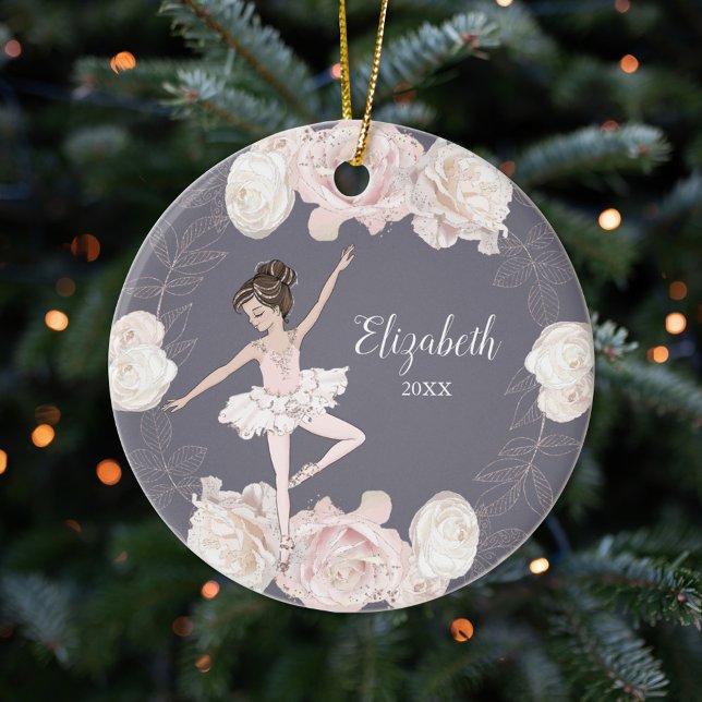 Pink Floral Ballerina Brown Hair Girl Personalized Ceramic Ornament (Creator Uploaded)