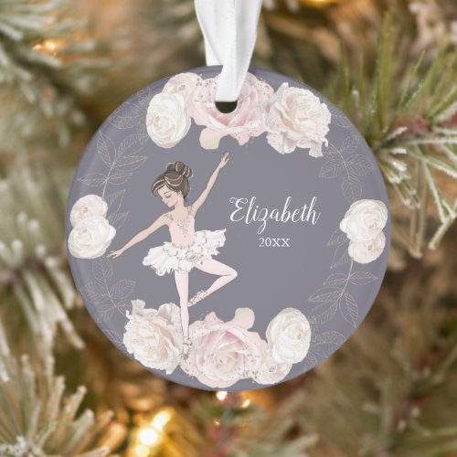 Pink Floral Ballerina Brown Hair Girl Personalized Ornament