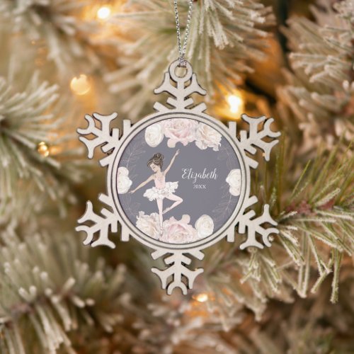 Pink Floral Ballerina Brown Hair Girl Personalized Snowflake Pewter Christmas Ornament