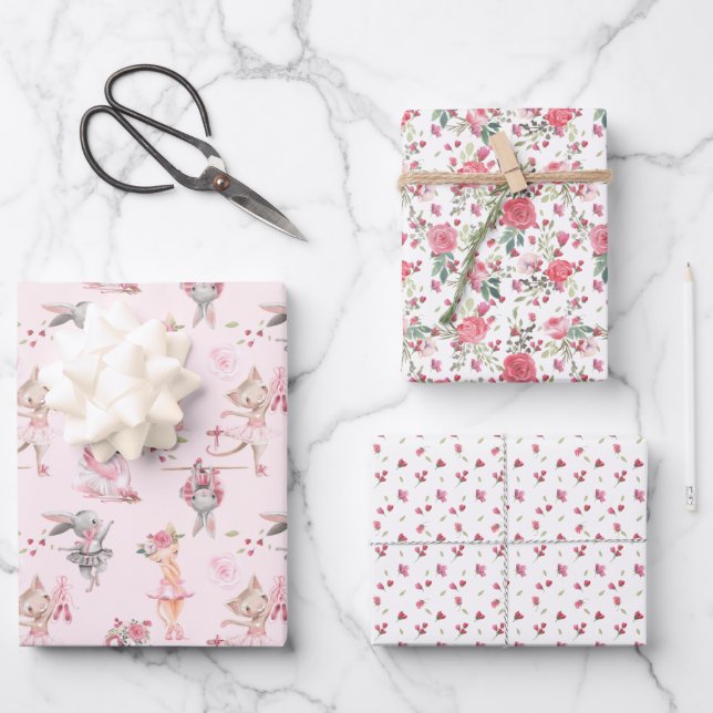 Pink Floral Ballerina Bunny and Kitty Wrapping Paper Sheets (Front)