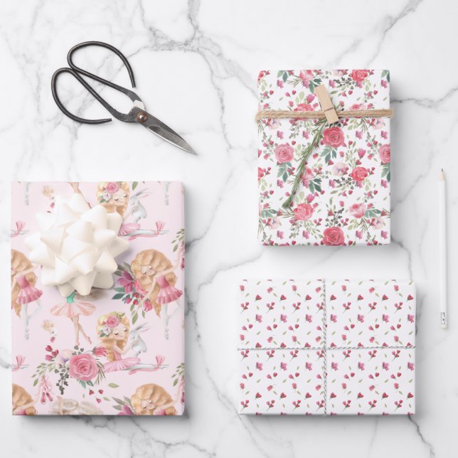 Pink Floral Ballerina Bunny Wrapping Paper Sheets (Front)