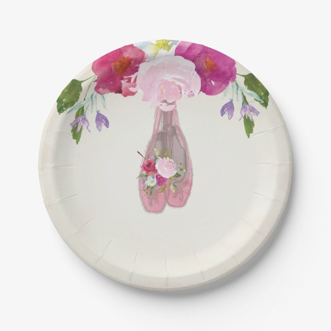 Pink Floral Ballerina First Birthday 7" Plate (Front)