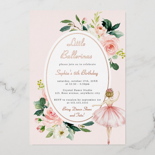 Pink Floral Ballerina Kids Birthday Foil Invitation (Front)