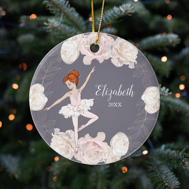 Pink Floral Ballerina Red Hair Girl Personalized Ceramic Ornament (Creator Uploaded)
