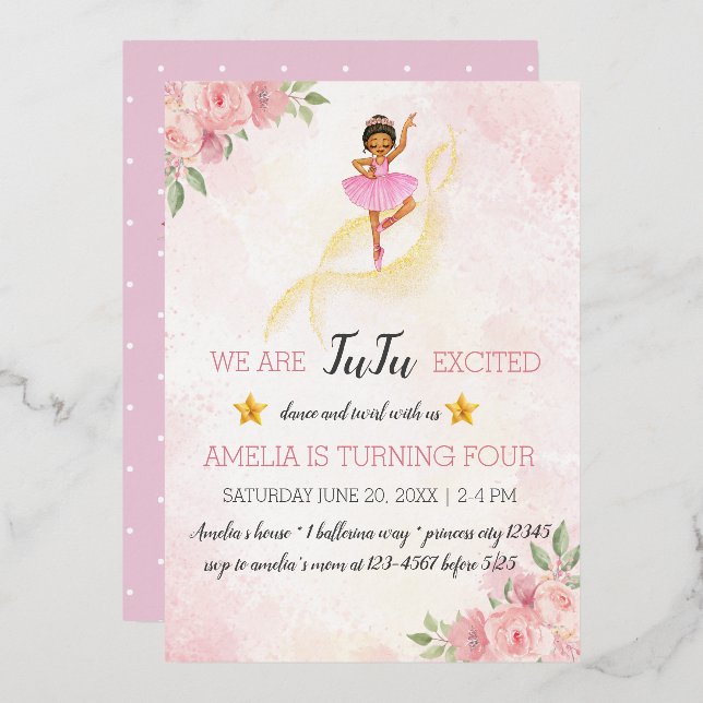 Pink Floral Ballet Birthday invitation Foil Invitation (Front/Back)