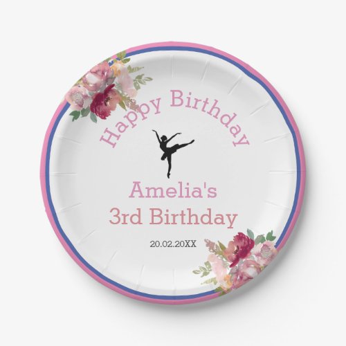 Pink Floral Ballet Birthday Party paper plate