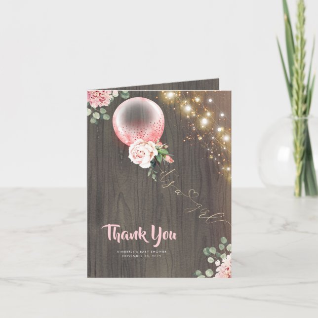 Pink Floral Balloon Baby Shower Thank You (Front)