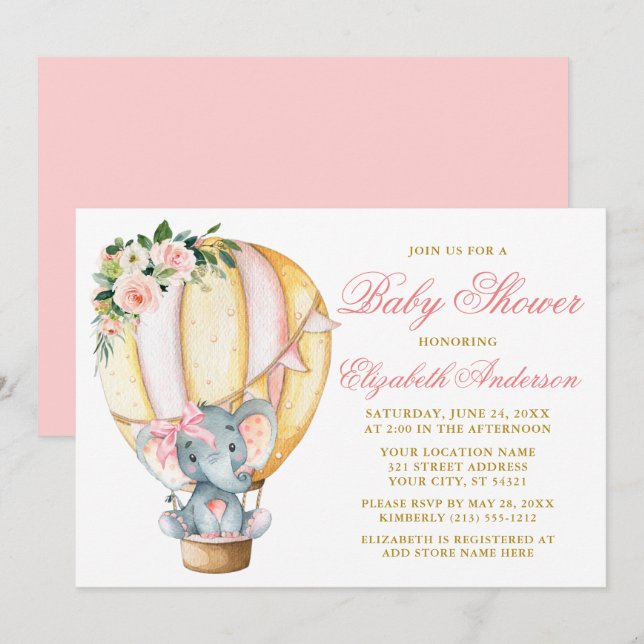 Pink Floral Balloon Elephant Bow Baby Shower Invitation (Front/Back)