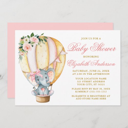 Pink Floral Balloon Elephant Bow Baby Shower Invitation