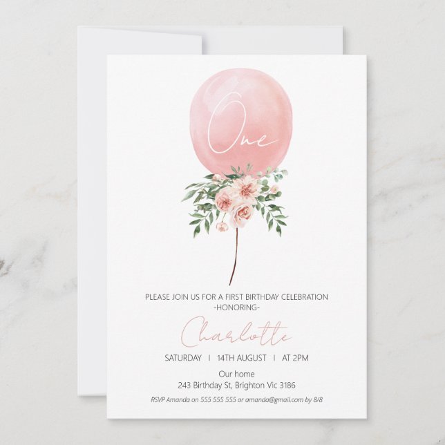 Pink Floral Balloon First Birthday Invitation (Front)