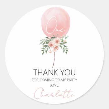 Pink Floral Balloon First Birthday Thank You Stick Classic Round Sticker by Sugar_Puff_Kids at Zazzle