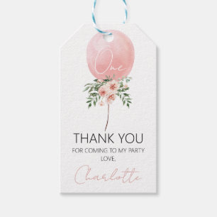 Pink Floral Balloon First Birthday Thank You Tag