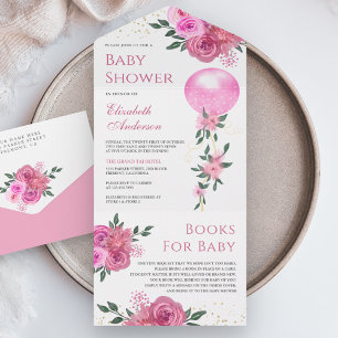 Pink Floral Balloon Girl Baby Shower All In One Invitation