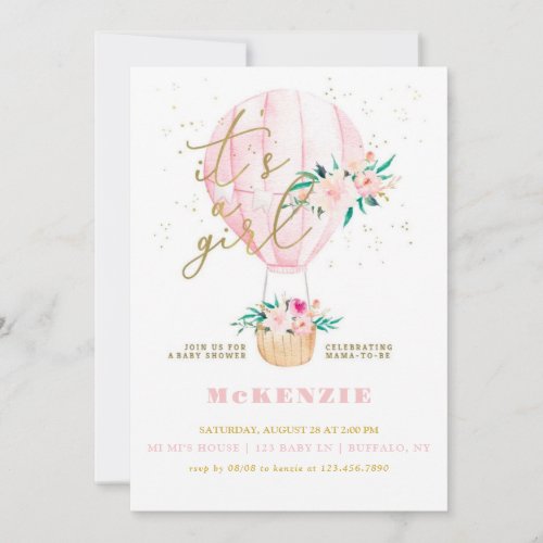 Pink Floral Balloon Girl Baby Shower Invitation