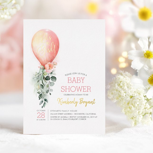 Pink Floral Balloon It's a Girl Baby Shower Foil Invitation (Blush Pink Balloon Gold Foil Baby Shower Invitation It's a Girl)