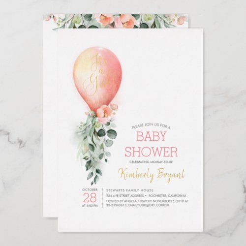 Pink Floral Balloon Its a Girl Baby Shower Foil Invitation