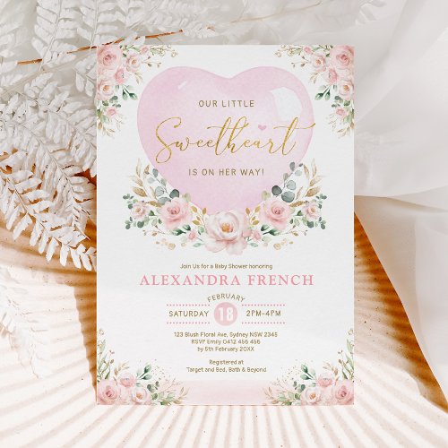 Pink Floral Balloon Sweetheart Baby Girl Shower Invitation