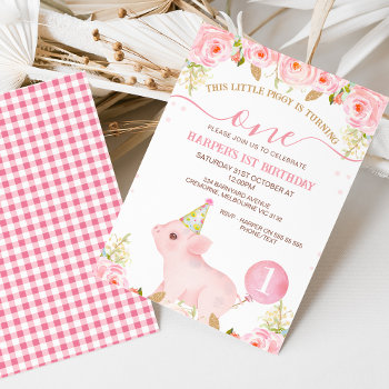 Pink Floral Balloon This Little Piggy 1st Birthday Invitation by Sugar_Puff_Kids at Zazzle