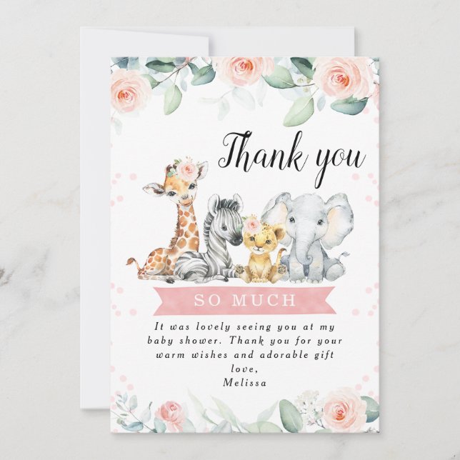 Pink Floral Banner Safari Babies Thank You Card (Front)