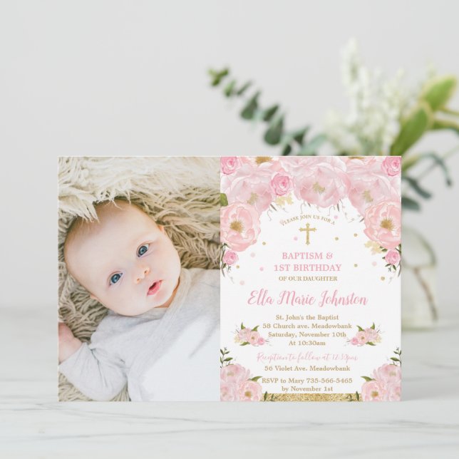 Pink Floral Baptism 1st Birthday Party Photo Invitation Zazzle