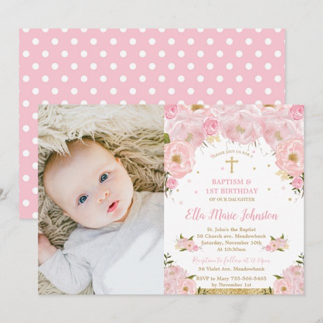Pink Floral Baptism 1st Birthday Party Photo Invitation (Front/Back)