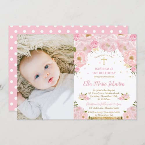 Pink Floral Baptism 1st Birthday Party Photo Invitation