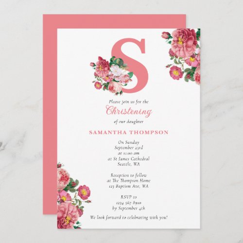 Pink Floral Baptism Christening Baby Girl Initials Invitation