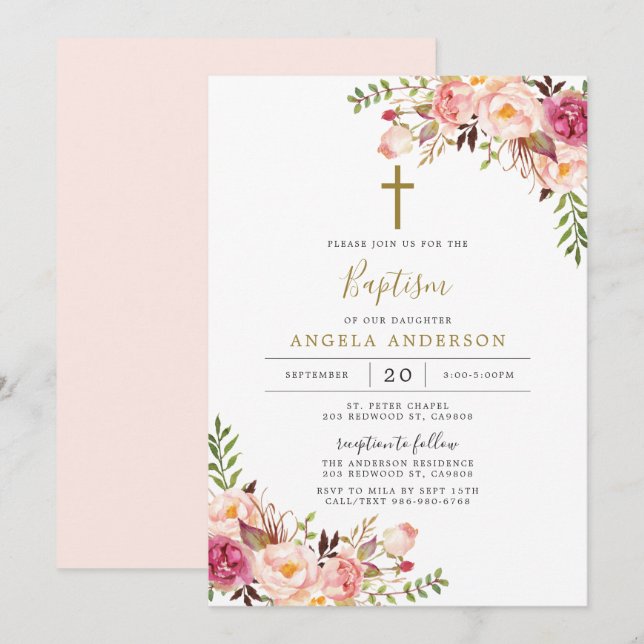 Pink Floral Baptism/Christening Invitation (Front/Back)