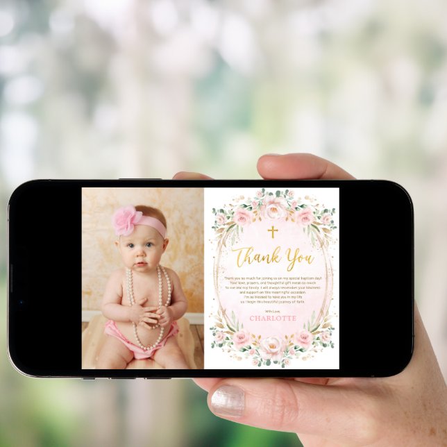 Pink Floral Baptism Christening Thank You Card (Front Digital)