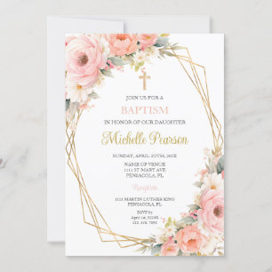 Pink floral baptism invitation
