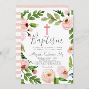 Pink Floral Baptism Invitation
