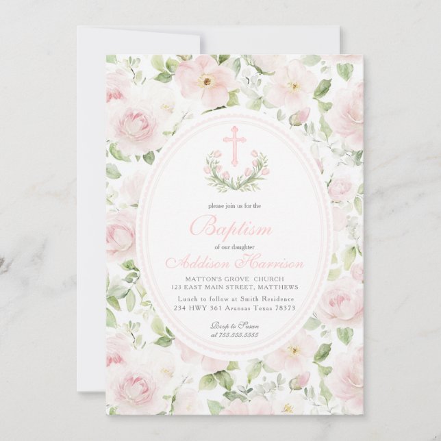 Pink floral Baptism Invitation, Girl Baptism,  Invitation (Front)