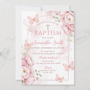Pink Floral Baptism Invitation with Butterflies