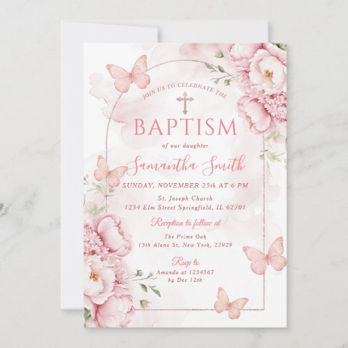 Pink Floral Baptism Invitation with Butterflies