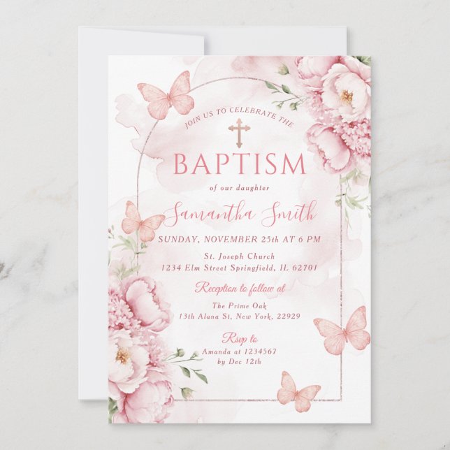 Pink Floral Baptism Invitation with Butterflies (Front)
