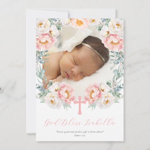 Pink Floral Baptism Invitation with Photo