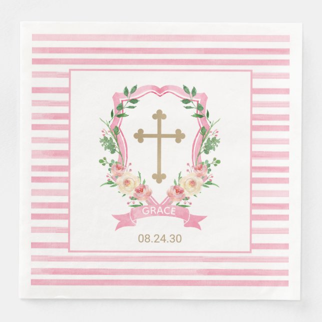 Pink Floral Baptism Paper Dinner Napkins (Front)
