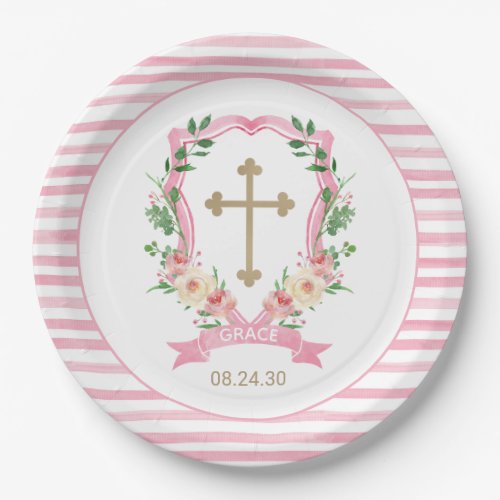 Pink Floral Baptism Paper Plates
