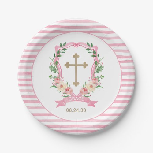 Pink Floral Baptism Paper Plates