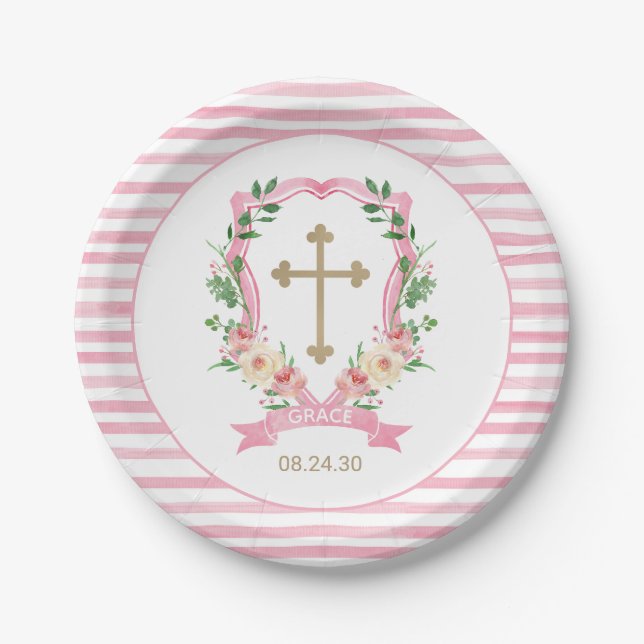 Pink Floral Baptism Paper Plates (Front)