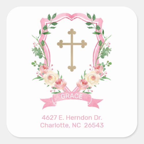 Pink Floral Baptism Return Address Square Sticker