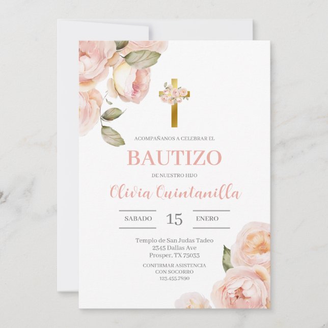 Pink Floral Baptism Spanish Invitation (Front)