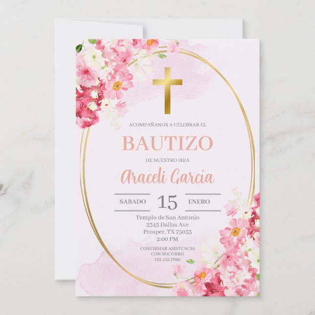 Pink Floral Baptism Spanish Invitation (Front)