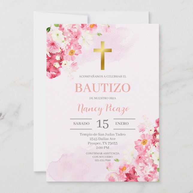 Pink Floral Baptism Spanish Invitation (Front)