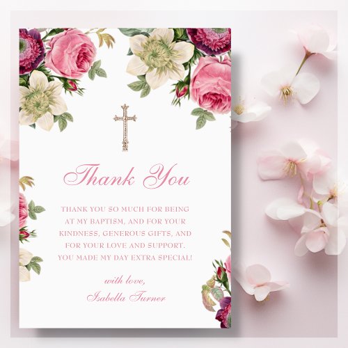Pink Floral  Baptism Thank You Card